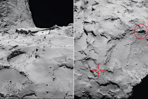 A g.La comète 67P-Churyumov-Gerasimenko, dite « Tchouri », photographiée par Rosetta. Elle est composée des matières qui ont servi à la formation des planètes du système solaire. A d.: La zone d’atterrissage visée (croix à gauche) était plate et bien éclairée. Mais après avoir touché le sol, Philae rebondit deux fois, et retombe contre la paroi d’une falaise (cercle à droite).