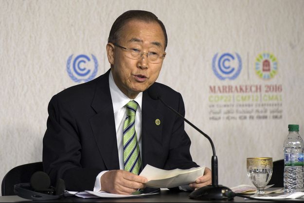 Ban Ki-moon à Marrakech, lundi. Le secrétaire général de l'ONU espère que Donald Trump comprendra "le sérieux et l'urgence de l'action climatique".
