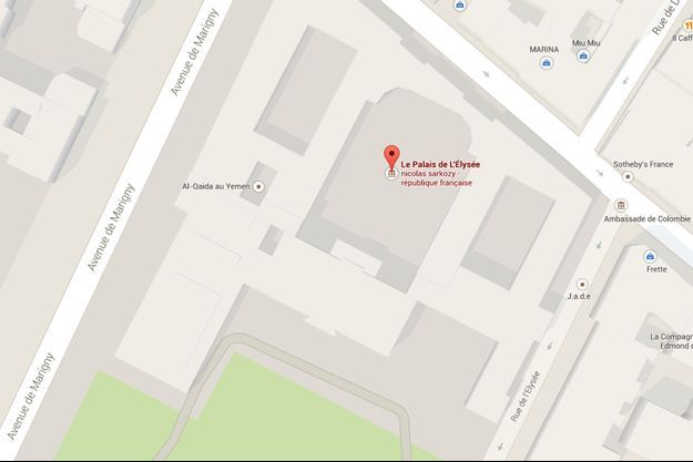 Al-Qaïda au Yémen est "localisé" à l'Elysée sur Google Maps. 