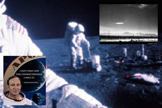 Edgar Mitchell sur la Lune en 1971. En médaillon, en h. à d., un OVNI prétendument photographié par un employé du gouvernement en 1964 au-dessus du site militaire de Holloman au Nouveau Mexique.