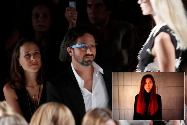 Sergey Brin porte des Google Glass,au défilé Diane von Furstenberg en septembre 2012. En médaillon, Amanda Rosenberg.