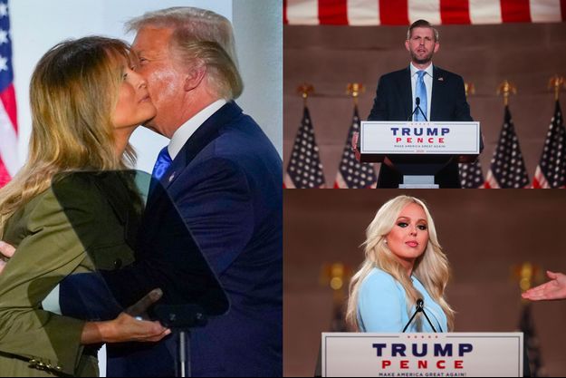 Donald Trump embrasse Melania Trump, mardi soir. Eric Trump et Tiffany Trump durant leurs discours.