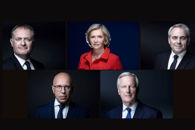 Les cinq candidats (de gauche à droite , de haut en bas) : Philippe Juvin, Valérie Pécresse, Xavier Bertrand, Eric Ciotti et Michel Barnier.