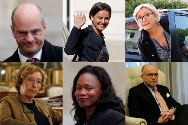 De gauche à droite et haut en bas : Jean-Michel Blanquer, Najat Vallaud-Belkacem, Marine Le Pen, Muriel Pénicaud, Laura Flessel et Bernard Cazeneuve.