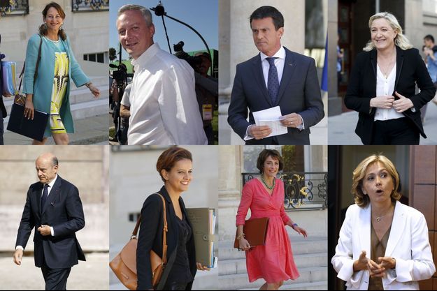 De gauche à droite : Ségolène Royal, Bruno Le Maire, Manuel Valls, Marine Le Pen, Alain Juppé, Najat Vallaud-Belkacem, Marisol Touraine et Valérie Pécresse.