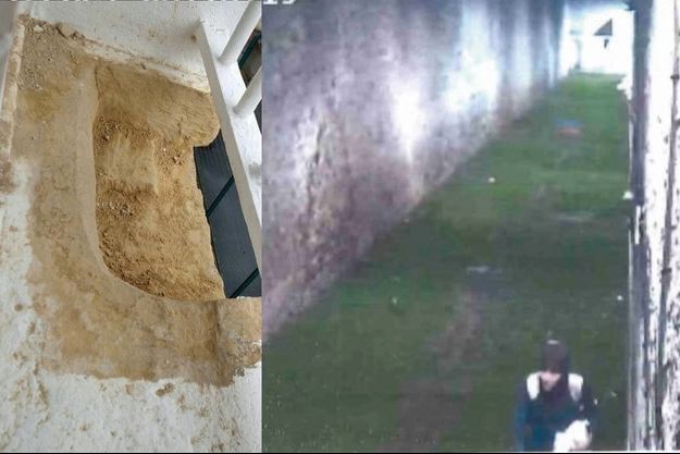 Douha Mounib filmée par les caméras de vidéosurveillance, le 14 novembre à 5h 16 du matin. A g.: La pierre descellée de sa cellule, à Fresnes, après sa tentative d’évasion dimanche le même jour.
