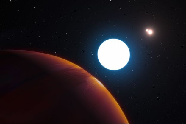 Illustration de la planète HD 131399Ab et de ses trois soleils