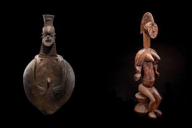 A gauche, pot à esprit wüso Yungur. A droite, statuette féminine Igala.
