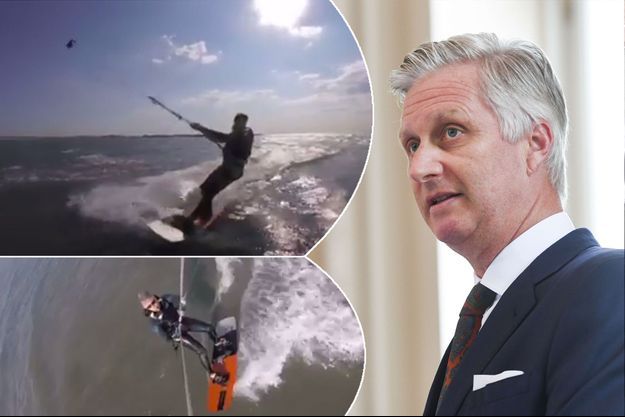 Le roi Philippe de Belgique le 27 juin 2017 - En médaillons : le roi Philippe pratique le kitesurf en mer du Nord