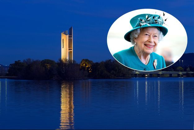 L’île Aspen dans le lac Burley Griffin à Canberra et son National carillon en 2010 – En vignette : la reine Elizabeth II le 1er juillet 2021 