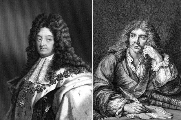 Gravure figurant Louis XIV et Molière d’après les portraits de Rigaud et Coypel