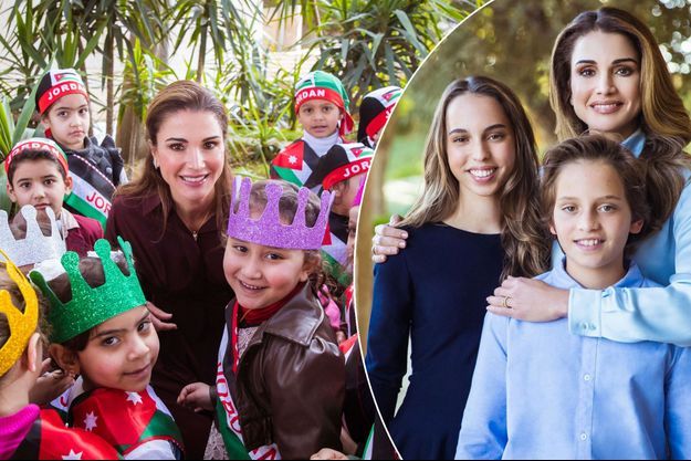 La reine Rania de Jordanie à Amman, le 6 février 2018. A droite, avec la princesse Iman et le prince Hashem.