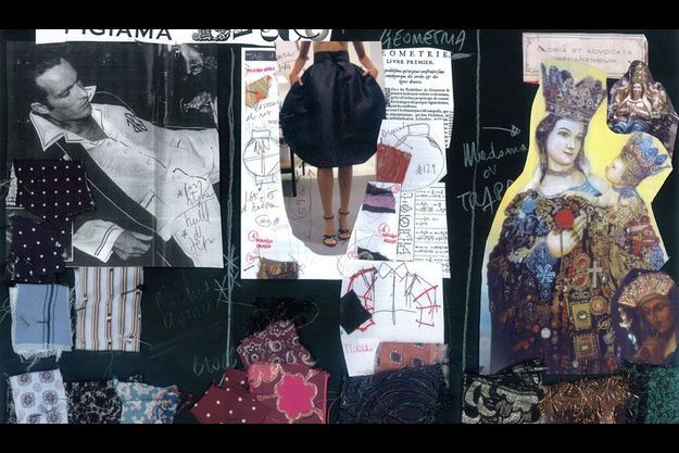  Un « tableau d’inspiration » pour la collection été 2009 : pyjama d’homme, enluminures religieuses et madones à l’enfant. Géométrie contemporaine pour les volumes boules des jupes et des robes.