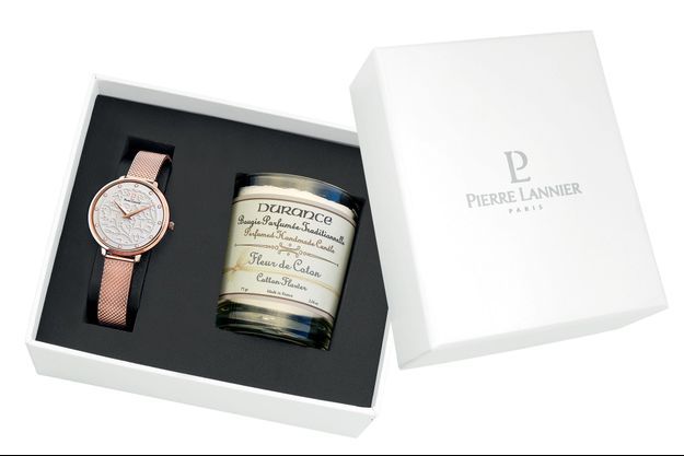 Deux coffrets uniques composés d’une montre Pierre Lannier de la collection Eolia et d’une bougie parfumée Fleur de Coton de la Maison Durance.