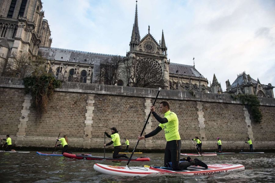 A Paris, 800 participants à une course de standup paddle sur la Seine