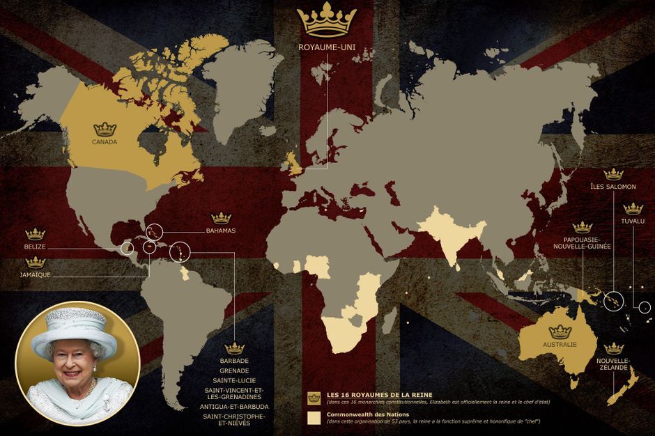 Infographie - La carte des 16 royaumes d'Elizabeth II