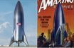 A gauche, une illustration de Starship; à droite, une couverture du magazine de science-fiction Amazing Stories.
