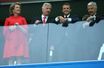 La reine Mathilde et le roi des Belges Philippe avec Emmanuel Macron et Didier Reynders avant le match France-Belgique en demi-finale de la Coupe du Monde de football, le 10 juillet 2018