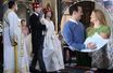 Le prince Filip de Serbie et Danica Marinkovic le jour de leur mariage, le 7 octobre 2017. En vignette : avec leur bébé le prince Stefan, le 2 mars 2018