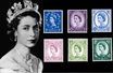L'un des portraits officiels de la reine Elizabeth II par Dorothy Wilding en 1952 et des timbres à son effigie en circulation de 1967 à 1970.