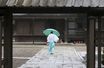 Un prêtre tenant un parapluie marche sur un chemin au grand sanctuaire d'Izumo dans la préfecture de Shimane, le 19 septembre 2022.