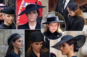 Les chapeaux des princesses Charlène de Monaco, Catherine et Charlotte de Galles, Beatrice d'York, des reines Letizia d'Espagne et Rania de Jordanie, et de la duchesse de Sussex à Londres, le 19 septembre 2022