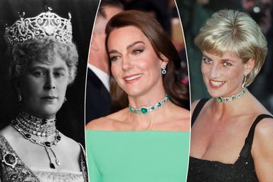 Le tour de cou en émeraudes porté par la reine Mary (avec le collier de la Cambridge Emerald Parure), par Kate Middleton, le 2 décembre 2022, et par la princesse Diana, le 1er juillet 1997