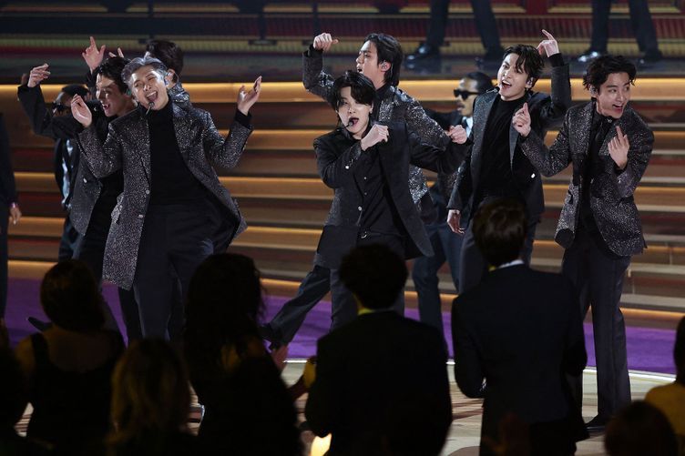 BTS on stage Sunday night at the Grammy Awards.
