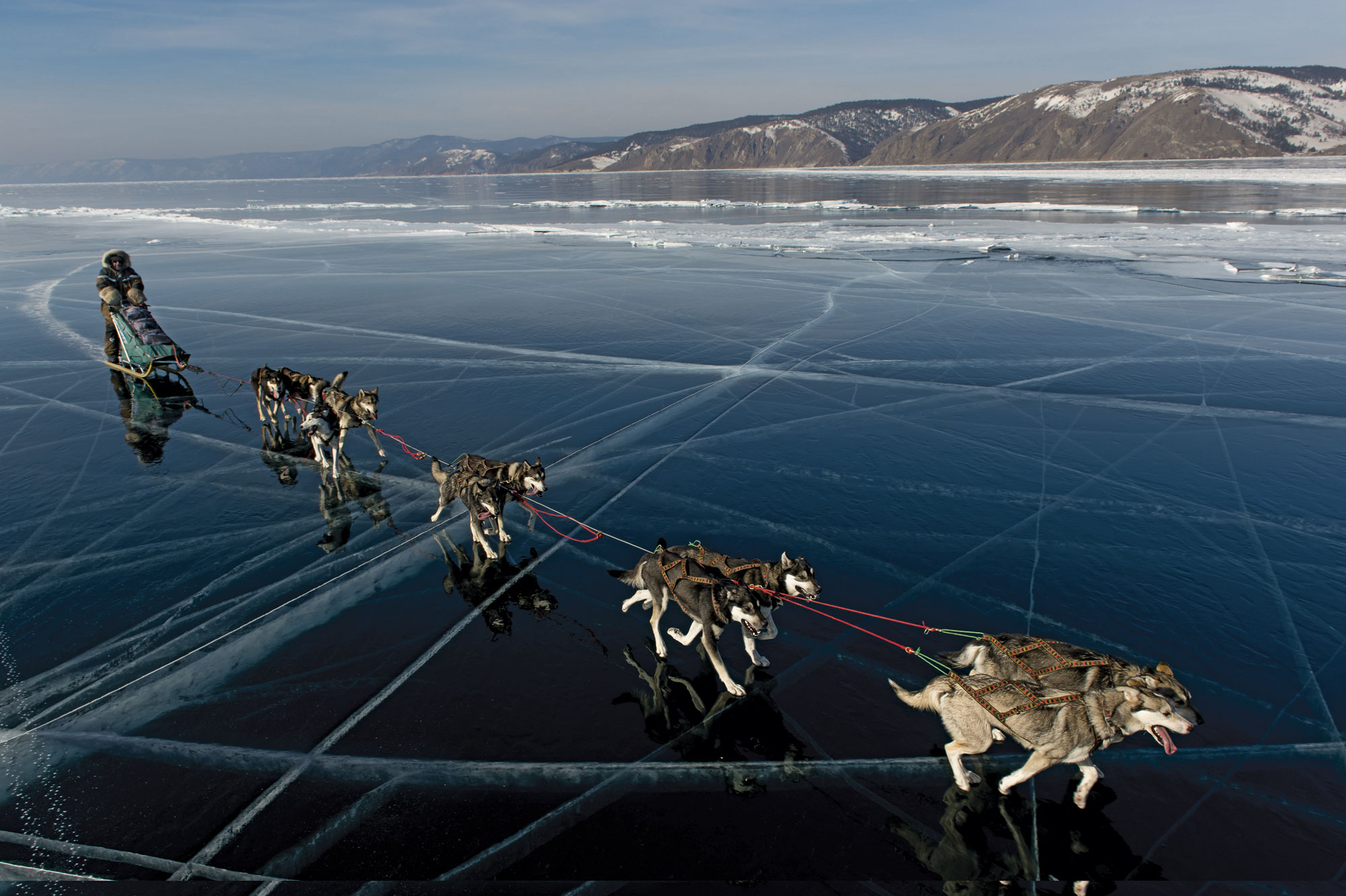 Собачьи упряжки на льду Байкал